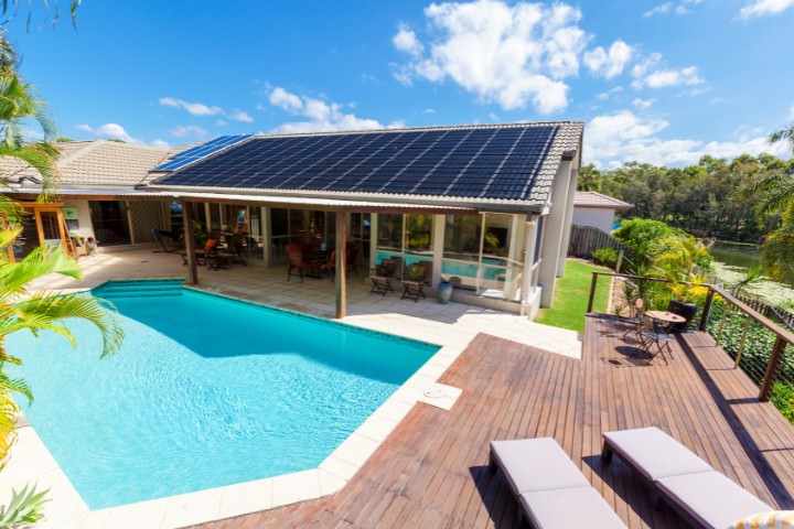 Solar-powered home with eco-friendly custom swimming pool